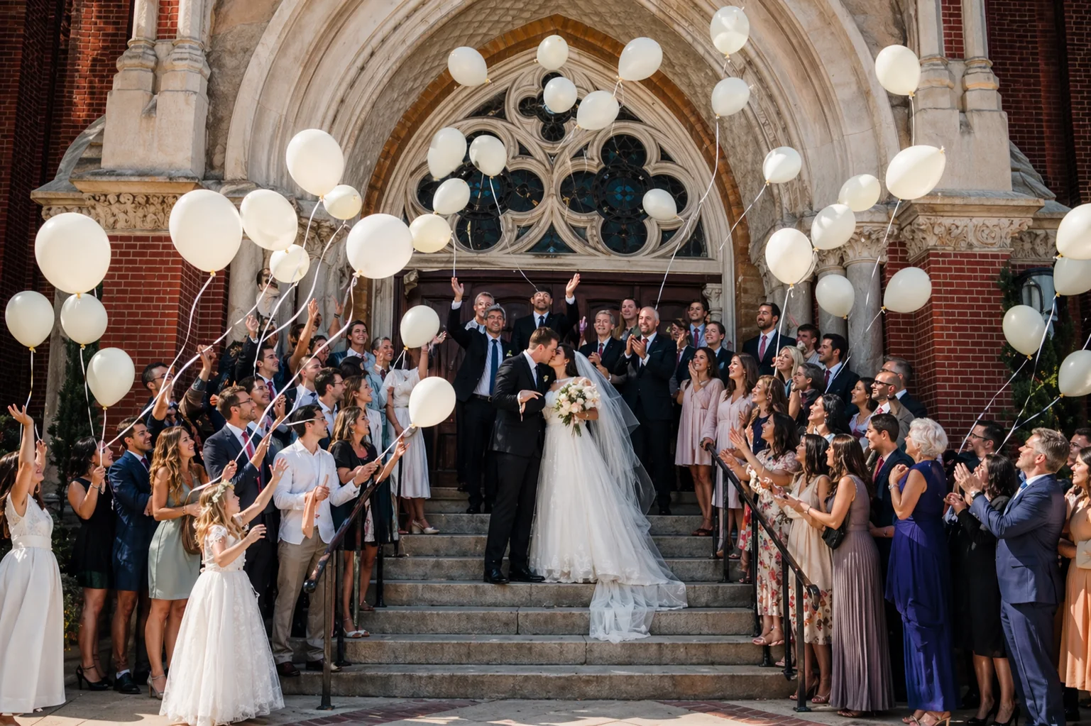Uscita degli sposi dalla chiesa con palloncini bianchi e trasparenti.