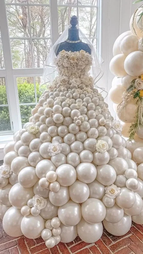 Scultura a forma di abito da sposa realizzata con palloncini bianchi.