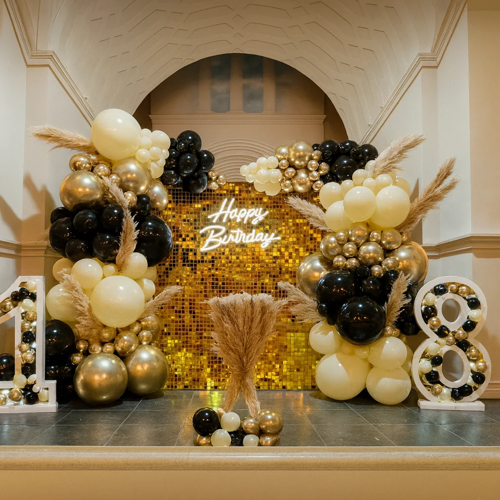 Allestimento per diciottesimo con palloncini avorio, neri e oro, fondale shimmer dorato e numeri 18.