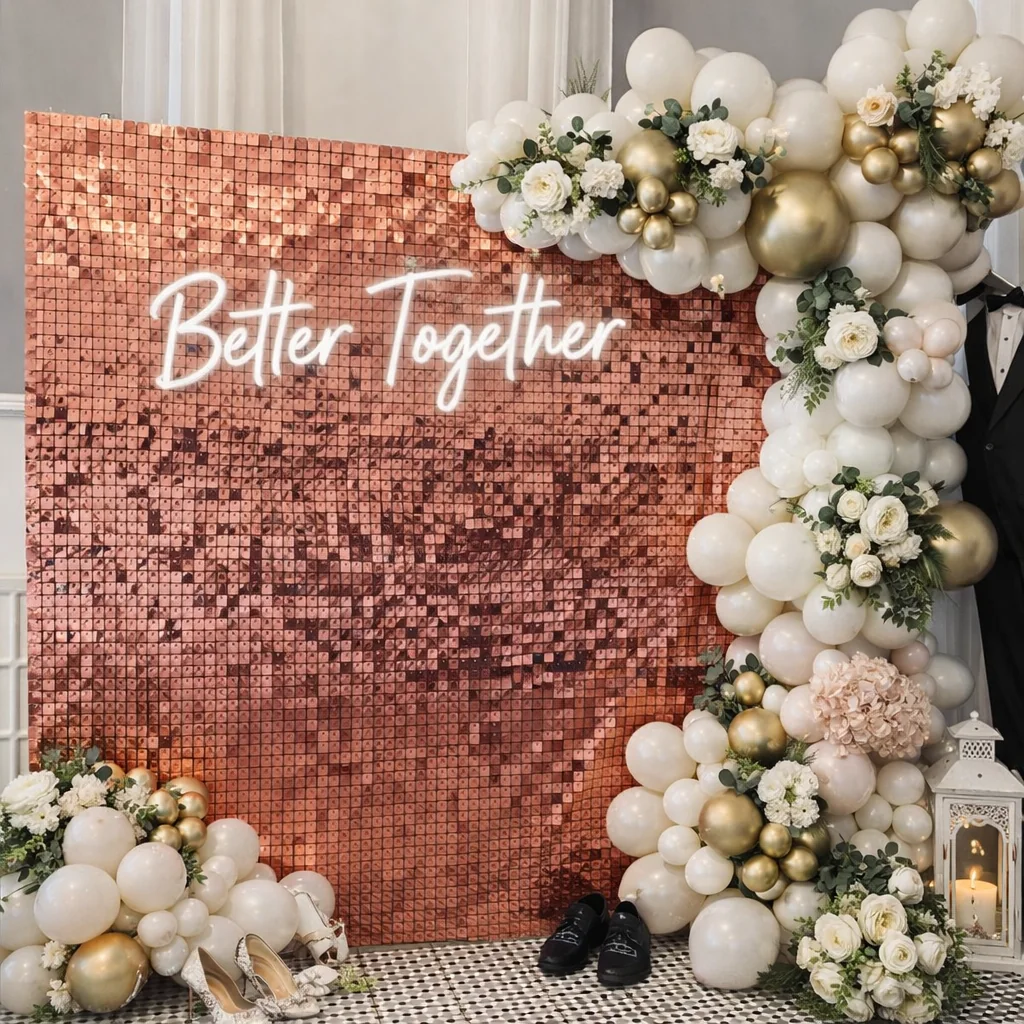 Fondale rose gold con scritta Better Together, palloncini bianchi e dettagli floreali.