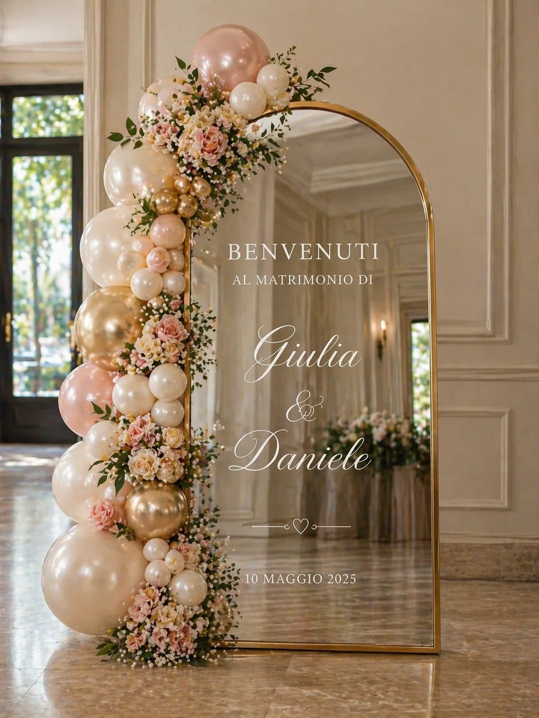 Specchio di benvenuto per matrimonio con palloncini avorio, cipria e oro e decorazioni floreali.