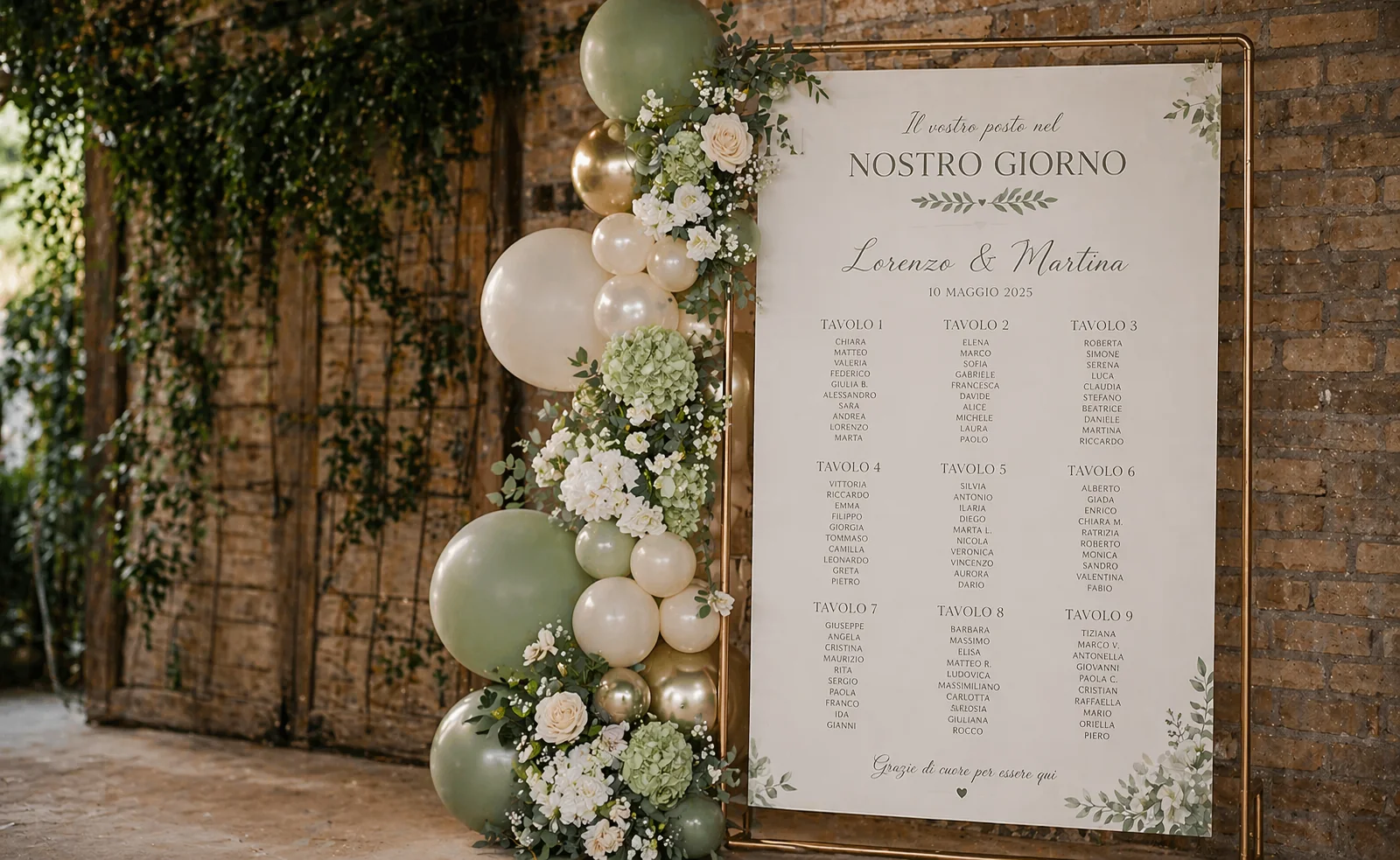 Tableau per matrimonio con palloncini verde salvia e avorio e fiori bianchi.