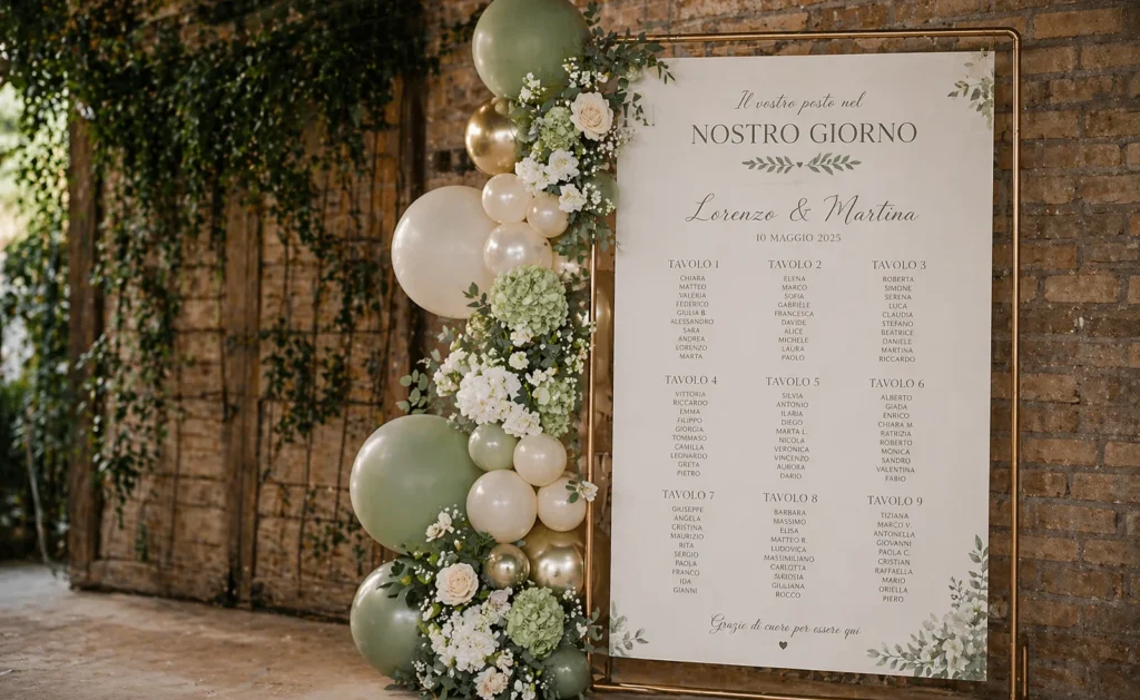 Tableau per matrimonio con palloncini verde salvia e avorio e fiori bianchi.